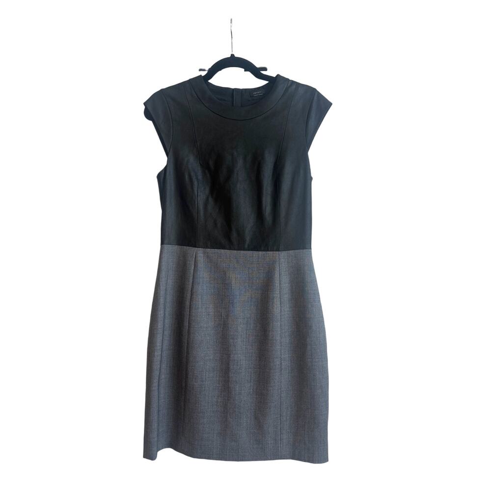 Theory Black Leather and Gray Wool Blend Cap Sleeve Knee Length Business Dress
